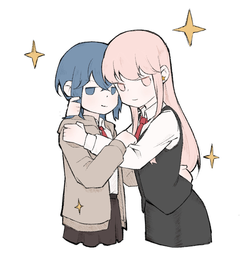 2girls, arm_around_neck, asahina_yuni, black_skirt, black_vest, blue_eyes, blue_hair, blush