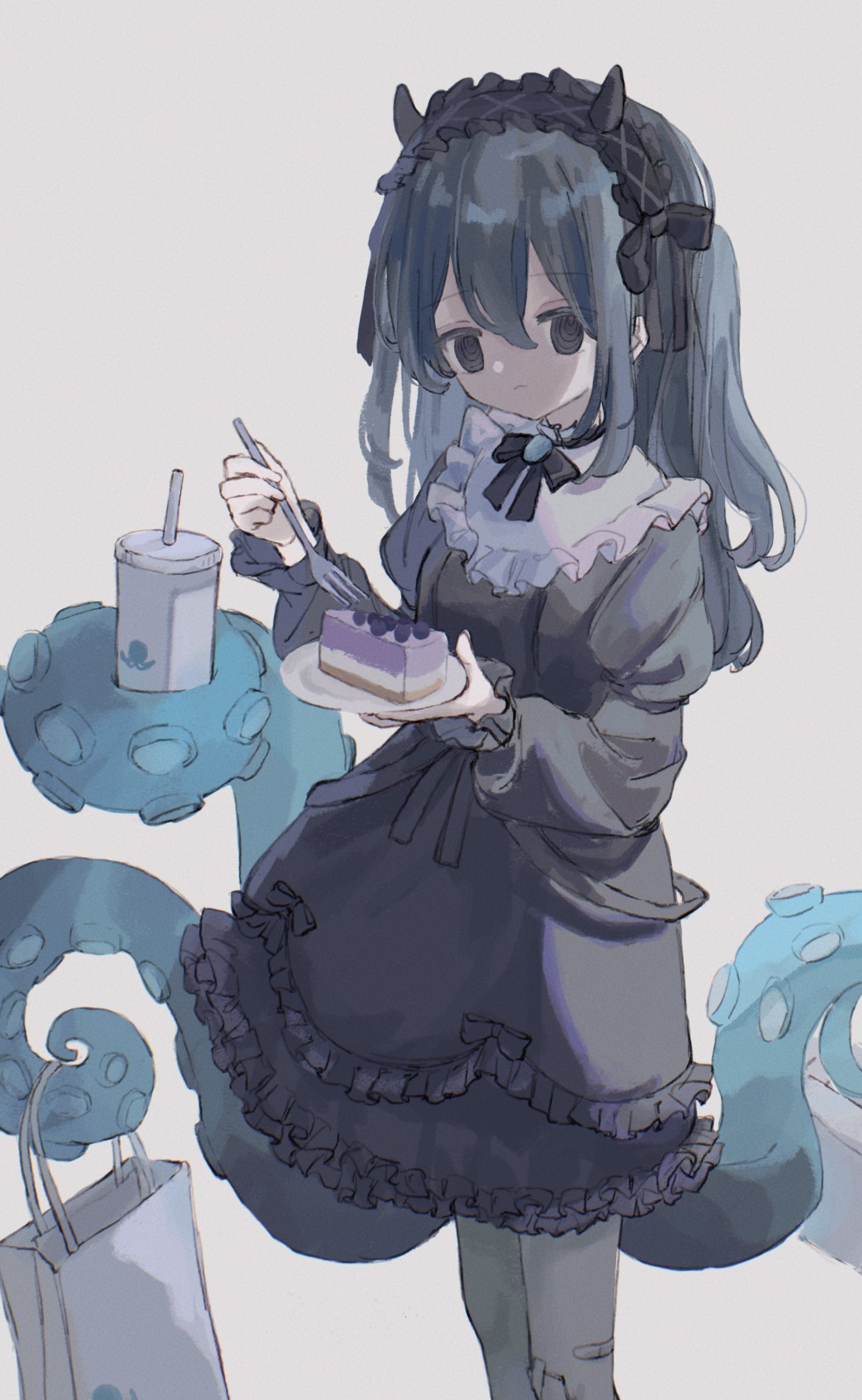 1girl, bag, black_dress, black_eyes, black_hairband, black_horns, black_ribbon, blue_hair