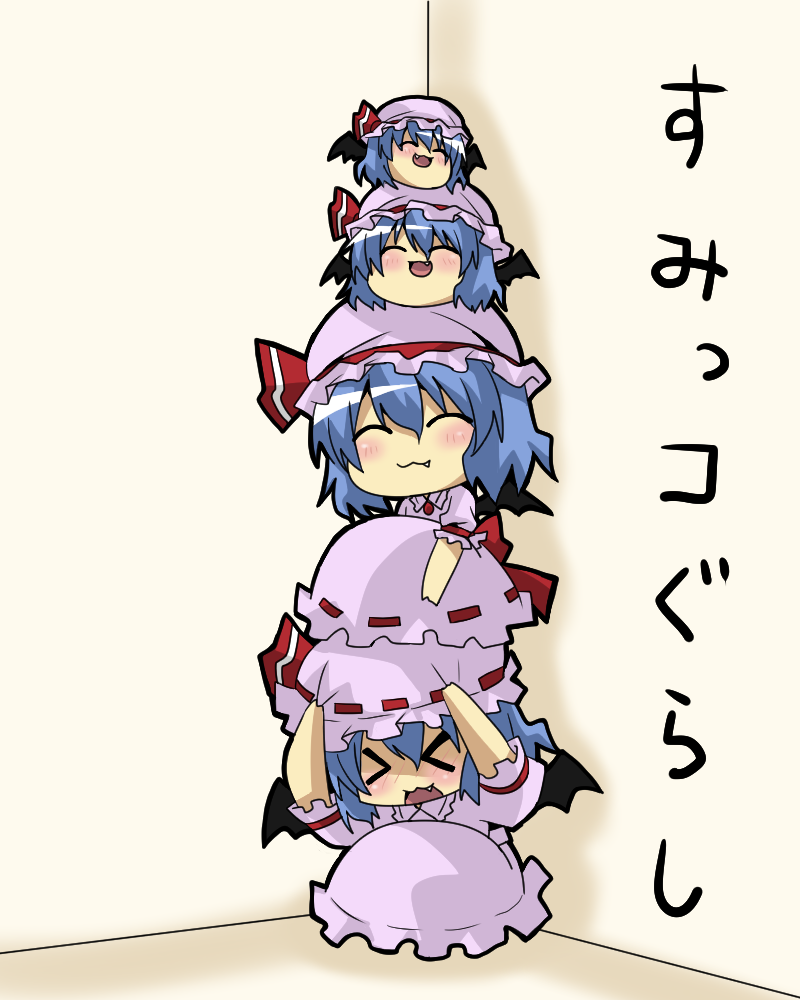 >_<, 4girls, :3, bat_wings, black_wings, blue_hair, blush, brooch_removed