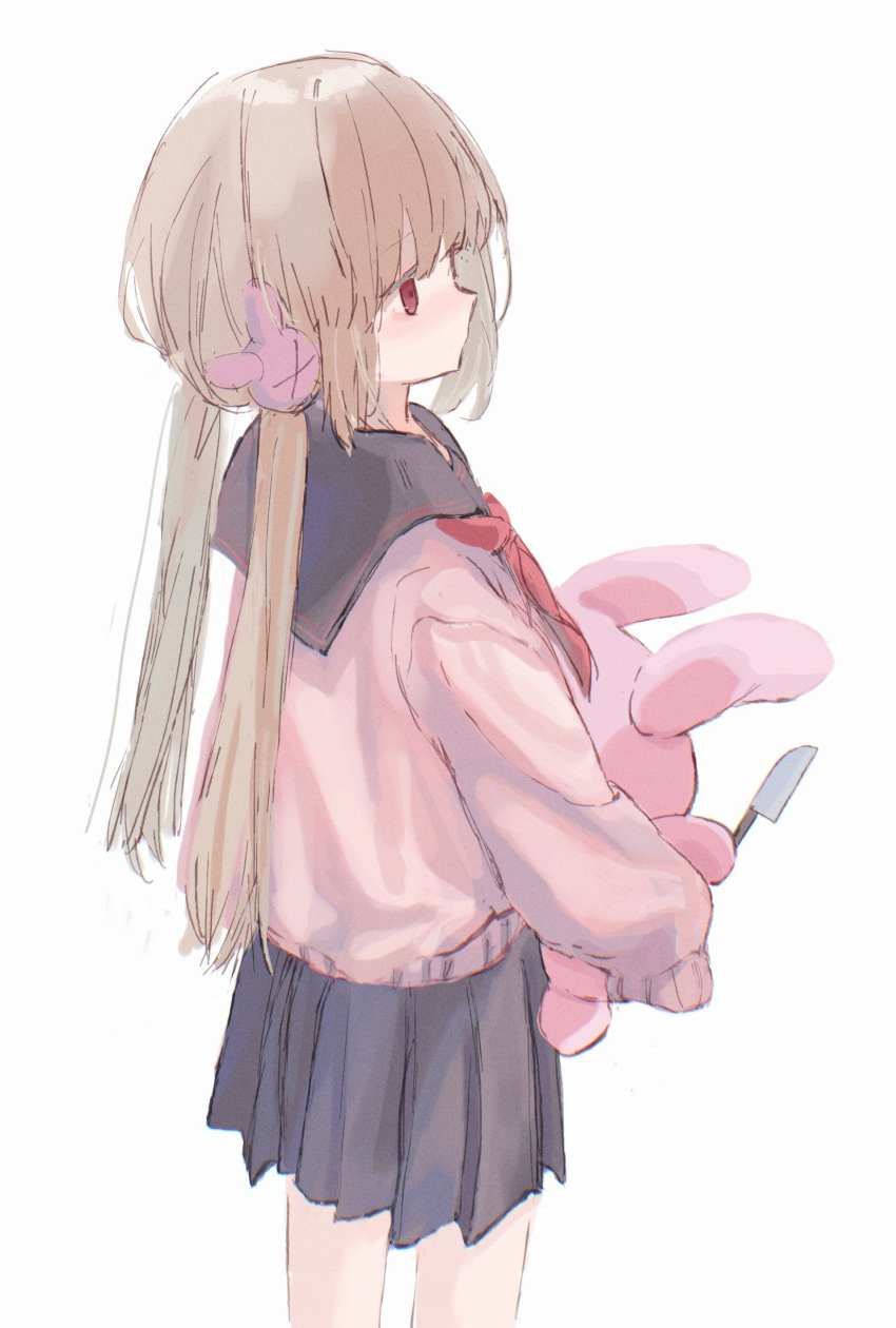 >_<, 1girl, absurdres, black_sailor_collar, black_skirt, blonde_hair, cardigan, chimoshi_(hitsuji_tonakai), cowboy_shot, expressionless, hair_ornament, hashtag_only_commentary, highres, holding, holding_knife, holding_stuffed_toy, knife, long_hair, long_sleeves, looking_ahead, low_twintails, natori_sana, neckerchief, official_alternate_costume, pink_cardigan, pleated_skirt, rabbit_hair_ornament, red_eyes, red_neckerchief, sailor_collar, sana_channel, simple_background, skirt, sleeves_past_fingers, sleeves_past_wrists, solo, standing, stuffed_animal, stuffed_rabbit, stuffed_toy, twintails, virtual_youtuber, white_background