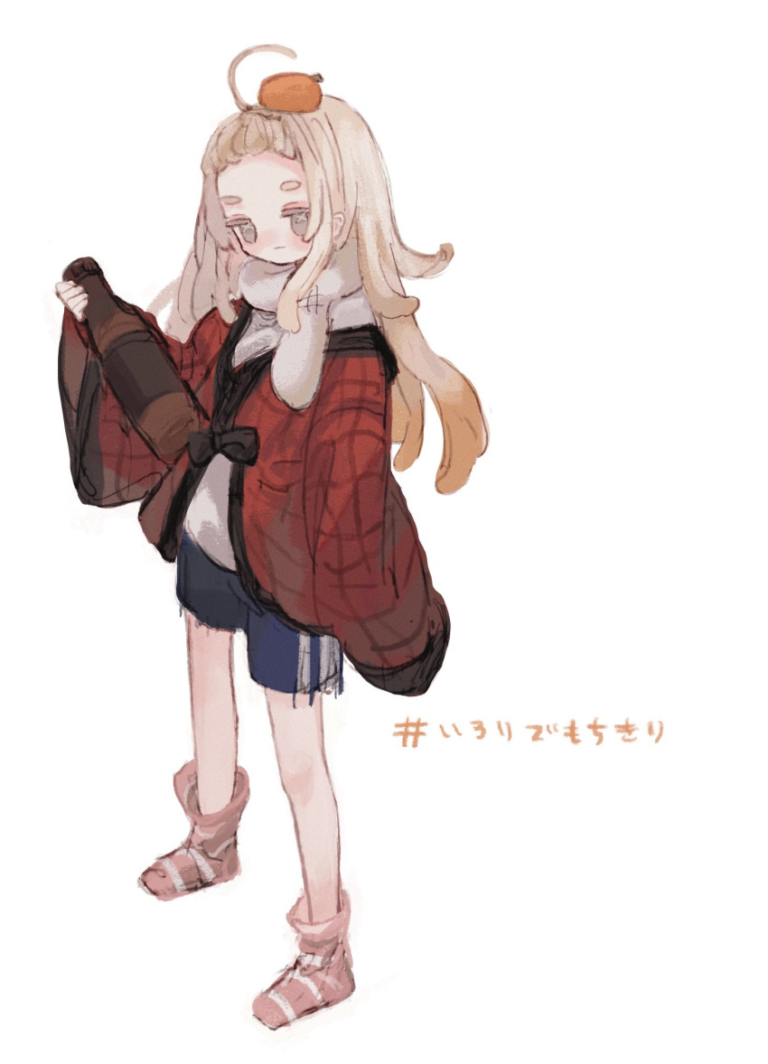 1girl, ahoge, blonde_hair, blue_shorts, bottle, chimoshi_(hitsuji_tonakai), closed_mouth, commentary