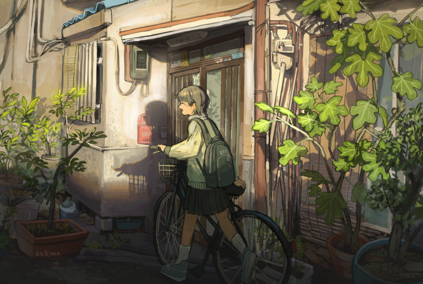 1girl, absurdres, anko1127, bicycle, black_hair, black_skirt, building, cardigan