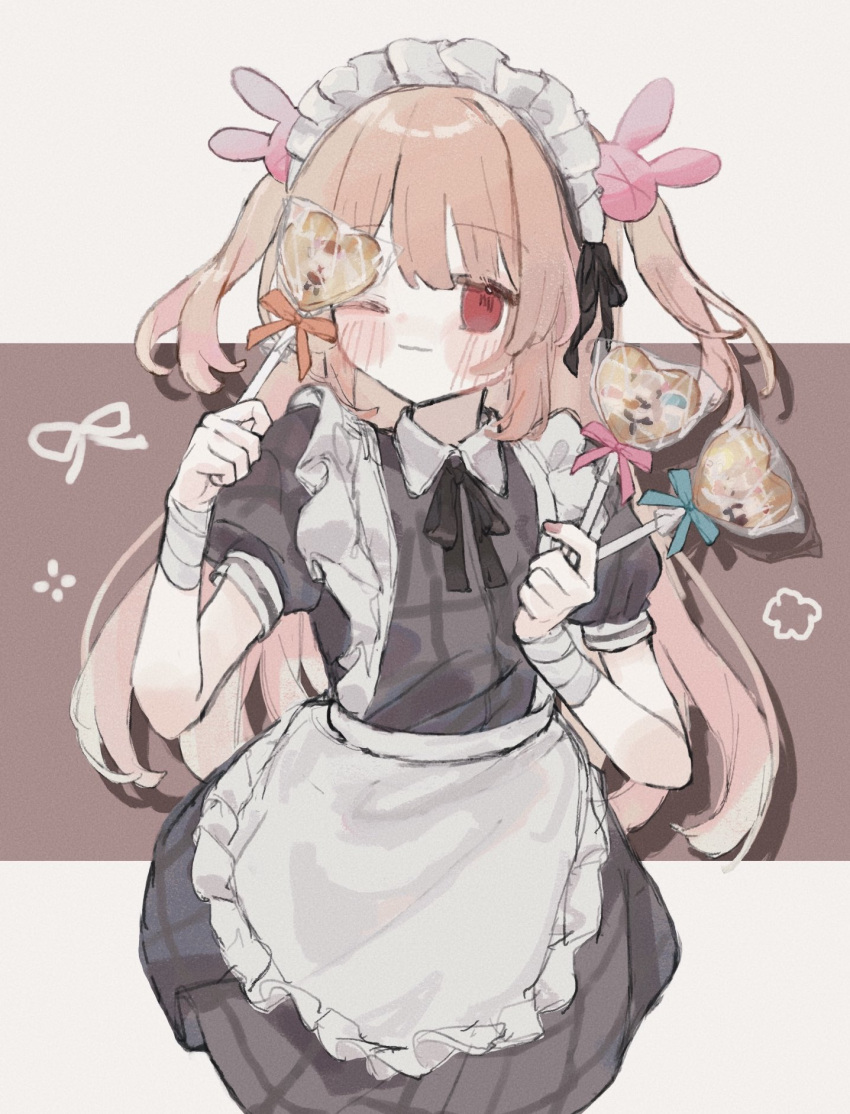 >_<, 1girl, apron, bandaged_wrist, bandages, black_ribbon, blonde_hair, blue_ribbon