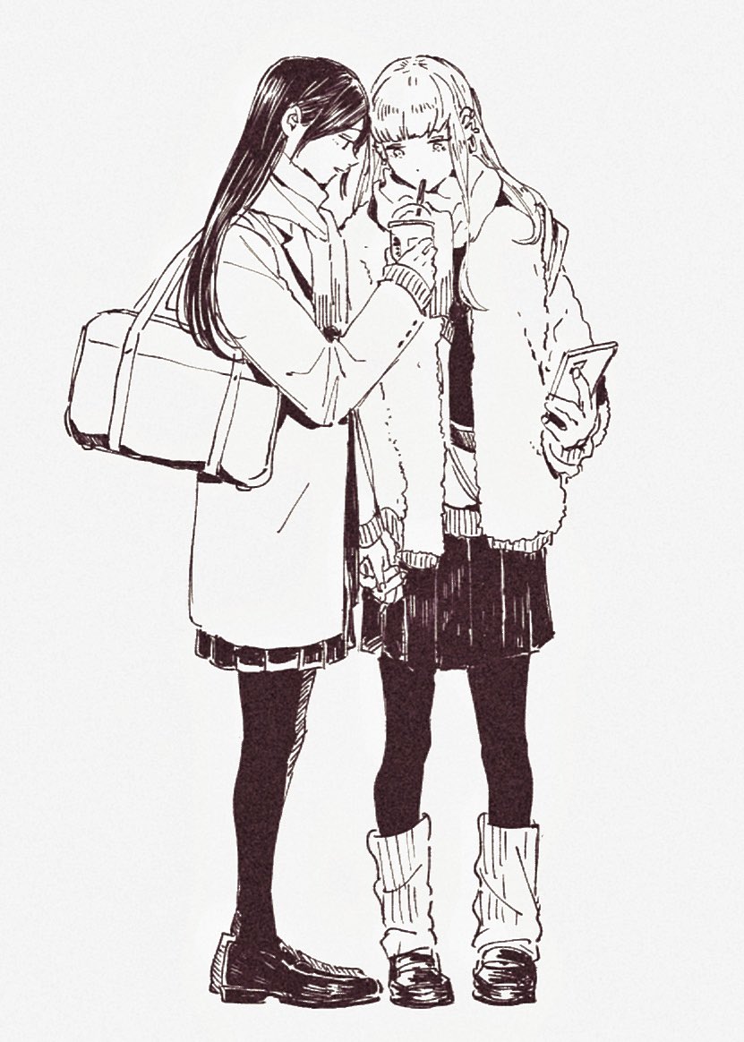 2girls, arita_sakiko, bag, black_pantyhose, coat, drinking, feeding, hello_melancholic!