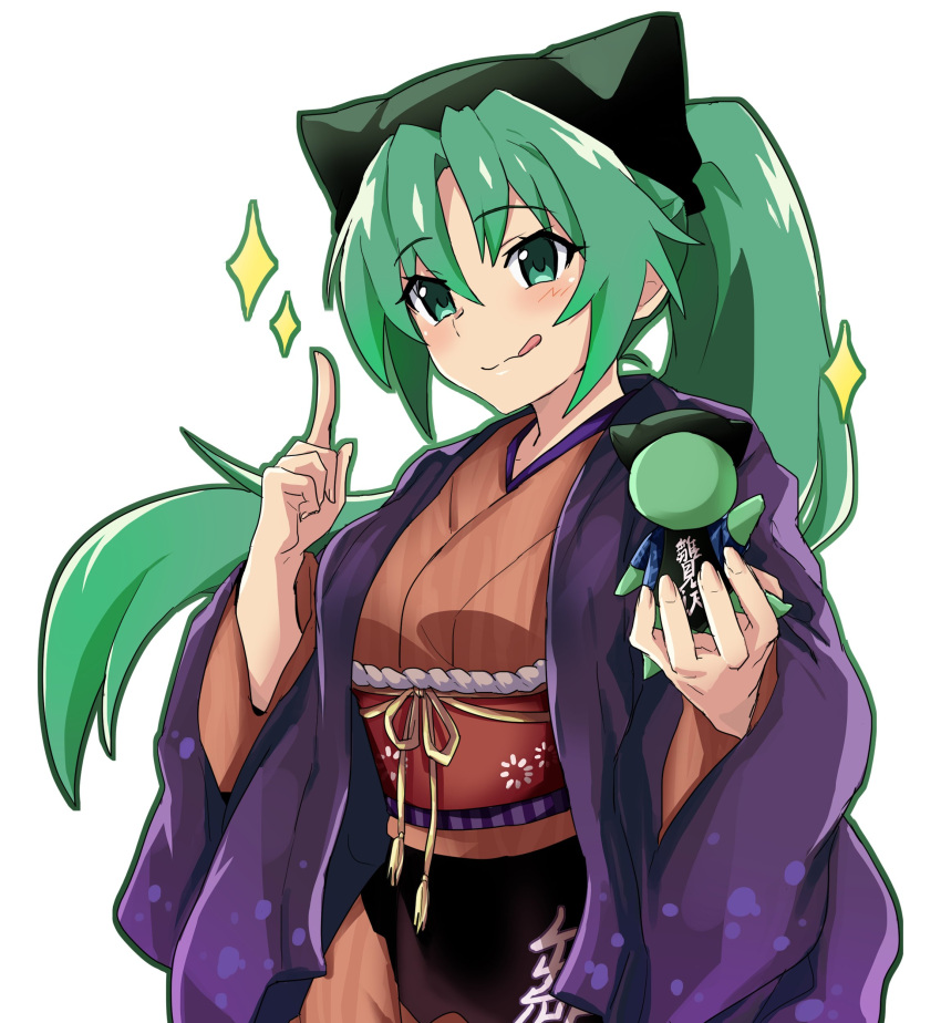 1girl, absurdres, brown_kimono, green_eyes, green_hair, green_headwear, highres, higurashi_no_naku_koro_ni, jacket, japanese_clothes, kimono, koubashiifuna, long_hair, pointing, ponytail, purple_jacket, solo, sonozaki_mion, sparkle, tongue, tongue_out, very_long_hair, white_background