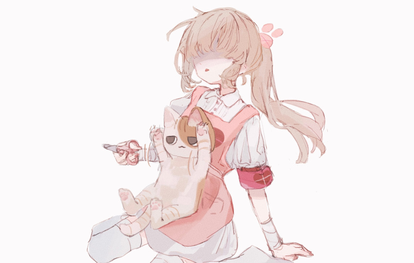 1girl, :3, animal_on_lap, apron, arm_support, bandaged_wrist, bandages, blonde_hair