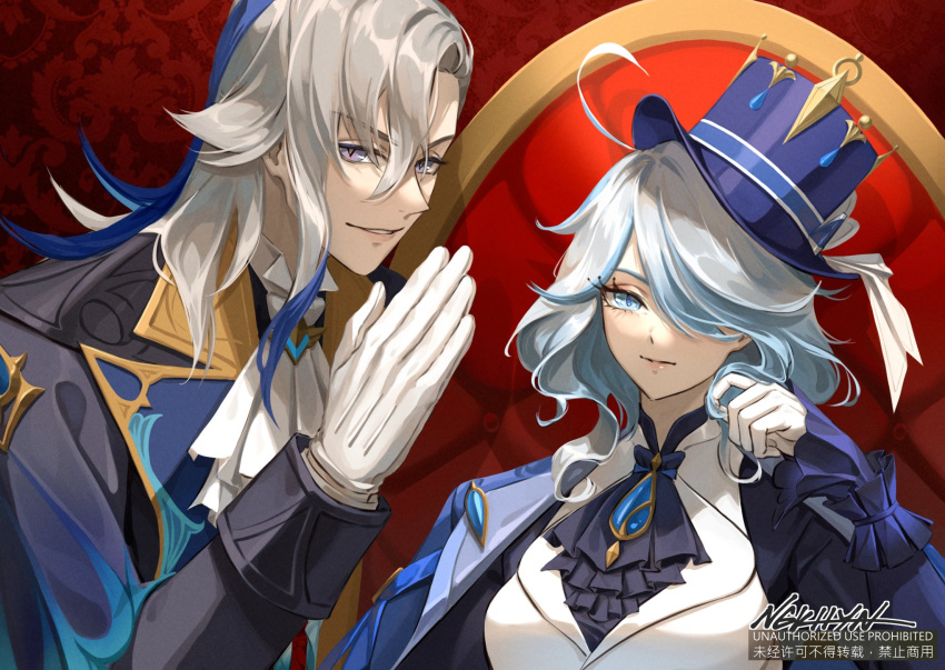 1boy, 1girl, ahoge, artist_name, ascot, black_ascot, blue_brooch, blue_eyes