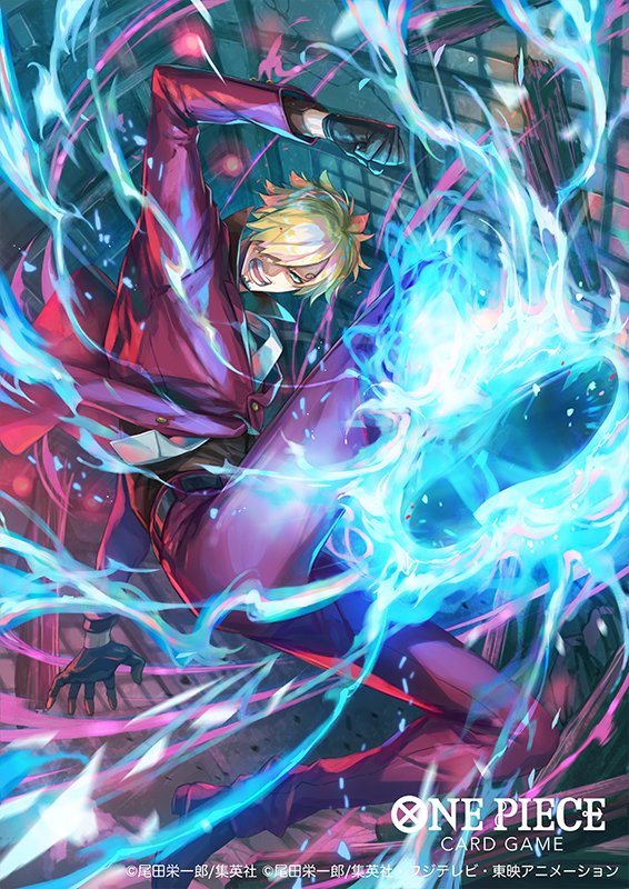 bisaiiiii, black_gloves, black_shirt, blonde_hair, blue_fire, card_game, facial_hair, fire, flaming_leg, gloves, goatee, necktie, one_piece, pants, red_pants, red_suit, sanji_(one_piece), shirt, suit, white_necktie