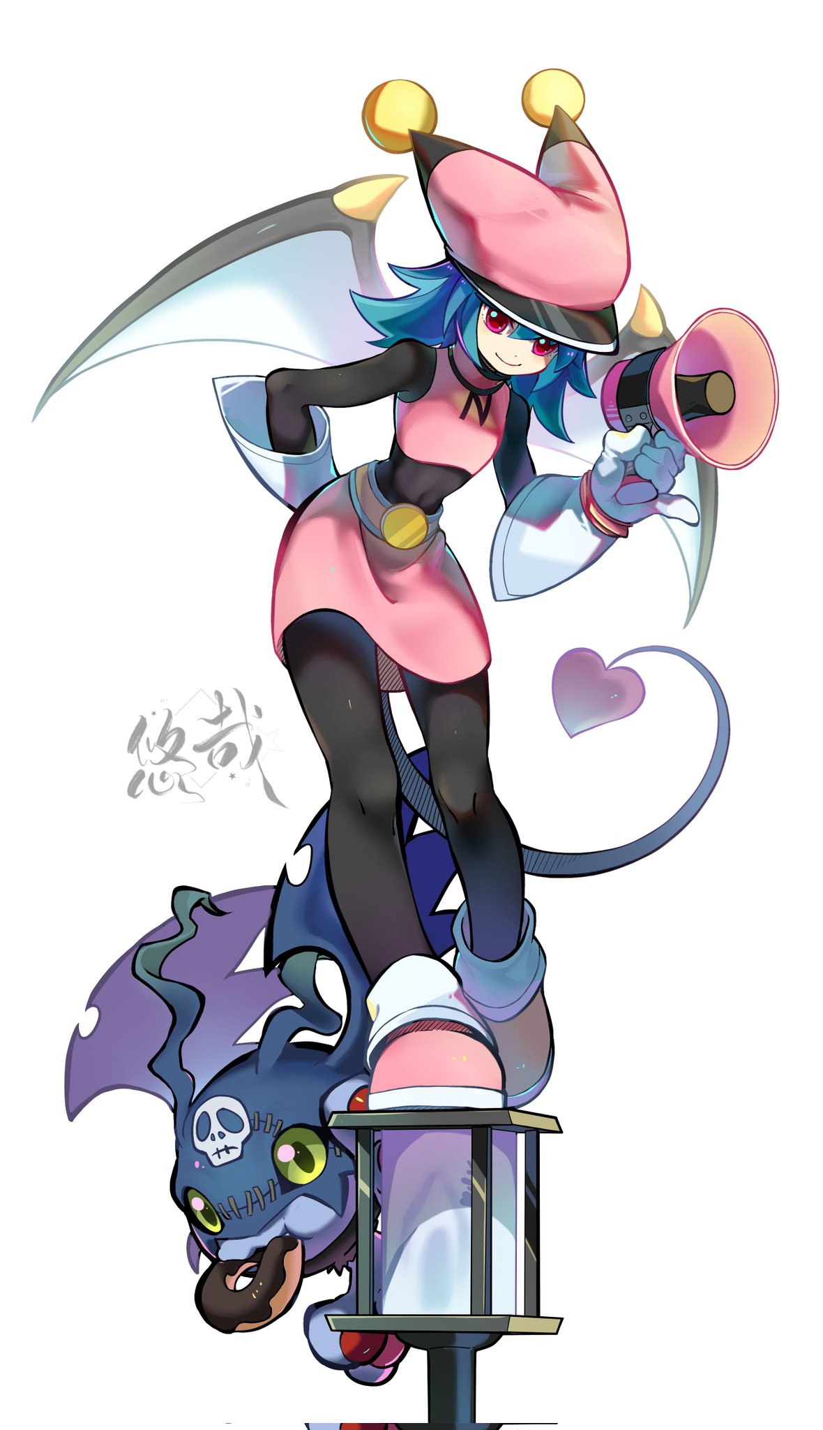 1girl, black_bodysuit, blue_hair, bodysuit, bodysuit_under_clothes, closed_mouth, covered_navel, demon_tail, demon_wings, digimon, digimon_(creature), doughnut, food, gloves, hair_between_eyes, hat, highres, holding, holding_megaphone, jester_cap, leaning_forward, medium_hair, megaphone, navimon, picodevimon, pink_eyes, pink_footwear, pink_headwear, pink_skirt, pinky_out, simple_background, skirt, skull, smile, stitches, tail, white_background, white_gloves, wings, youzaiyouzai112