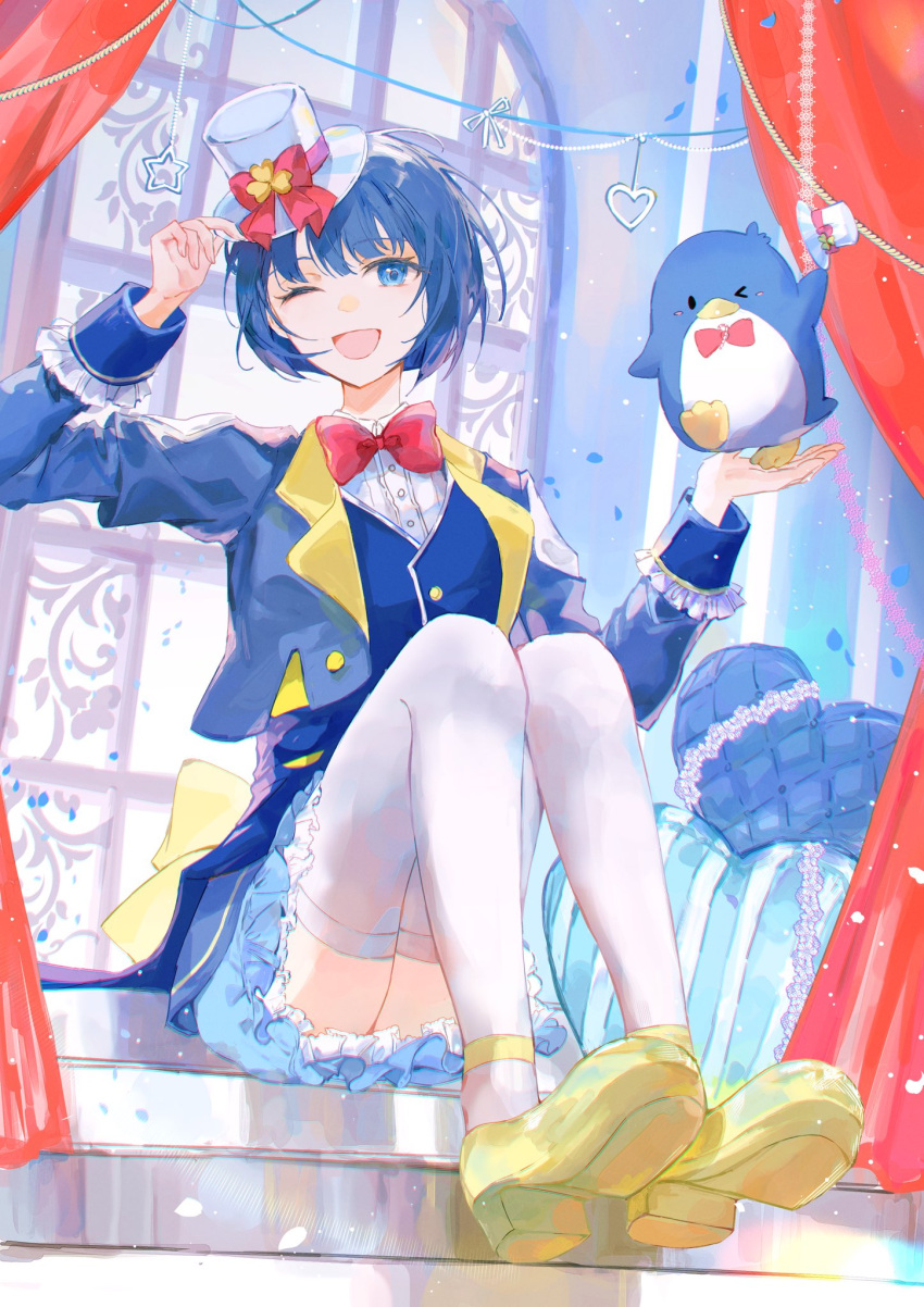 1girl, bird, bird_on_hand, blue_hair, blue_jacket, blue_skirt, blue_vest, blunt_bangs