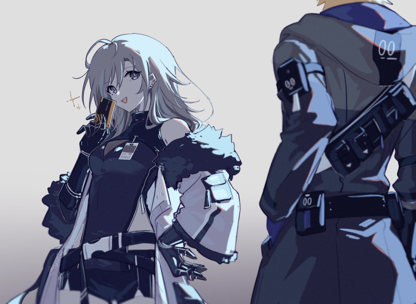 1boy, 1girl, ahoge, arm_belt, arm_pouch, bare_shoulders, belt, belt_pouch