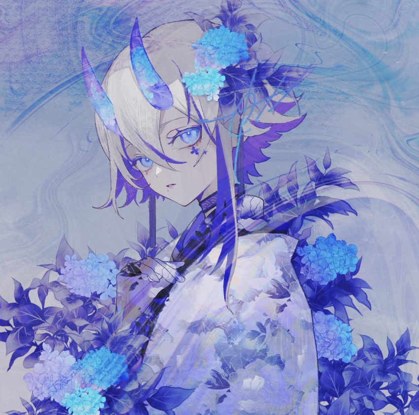1girl, blue_eyes, blue_flower, blue_horns, blue_leaf, blue_theme, choker, demon_horns, eyelashes, facial_mark, facial_tattoo, floral_print_kimono, flower, flower_tattoo, from_side, gradient_background, gradient_kimono, grey_hair, hair_between_eyes, hair_flower, hair_ornament, ham_melon_(iloha_24), horns, hydrangea, japanese_clothes, kimono, leaf, looking_at_viewer, looking_to_the_side, mole, mole_under_mouth, oni, oni_horns, original, pale_skin, parted_lips, purple_kimono, purple_lips, signature, simple_background, solo, tattoo, upper_body