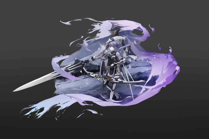 1girl, 1other, absurdres, alisa:_echo_(punishing:_gray_raven), alisa_(punishing:_gray_raven), armor, back-to-back, balance_scale_print