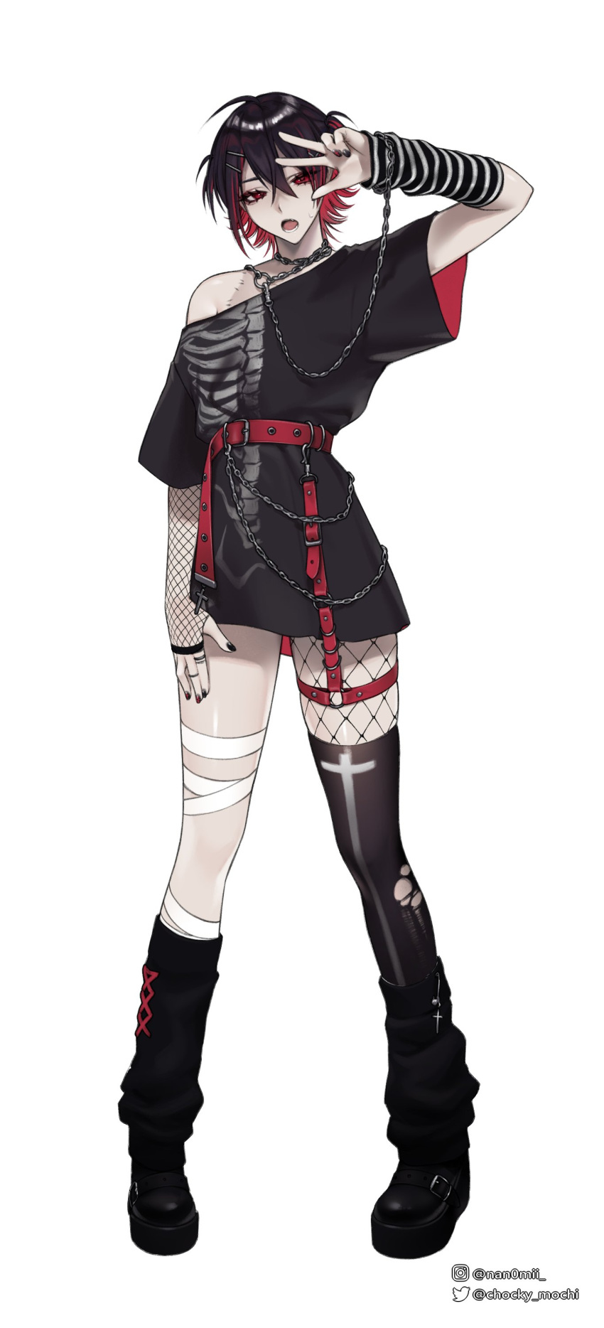 1boy, absurdres, alternate_costume, bandaged_leg, bandages, black_hair, black_shirt, fishnet_pantyhose