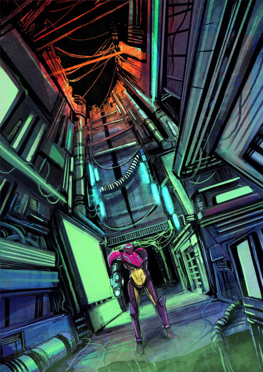 1girl, aki-t_(akitbfpf144), arm_cannon, armor, assault_visor, cable, commentary, dutch_angle