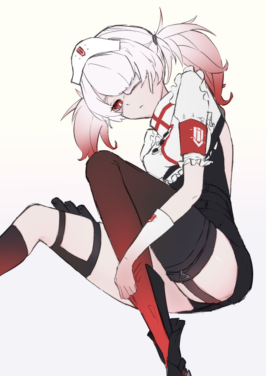 1girl, amehachi88, black_dress, black_thighhighs, dress, gloves, gradient_gloves, gradient_hair