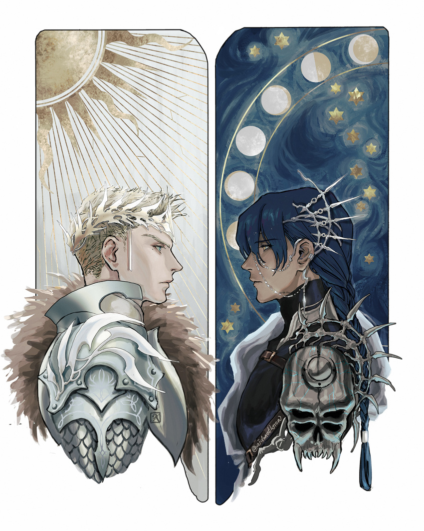 2boys, aidonotknow, armor, belt, black_shirt, blonde_hair, blue_eyes, blue_hair
