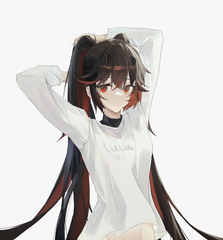 1girl, absurdres, black_hair, black_horns, character_name, colored_inner_hair, fake_horns, hair_between_eyes, highres, horns, long_hair, long_sleeves, lucia:_plume_(punishing:_gray_raven), lucia_(punishing:_gray_raven), lxc, multicolored_hair, parted_bangs, punishing:_gray_raven, red_eyes, redhead, shirt, small_horns, solo, twintails, very_long_hair, white_shirt