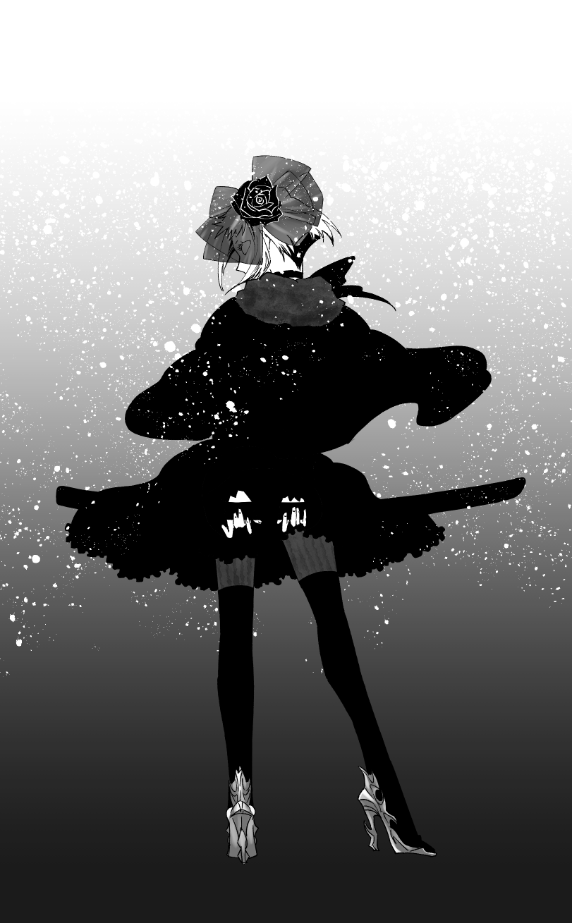 1girl, arms_behind_back, blank_eyes, bow, capelet, dress, flower, from_behind