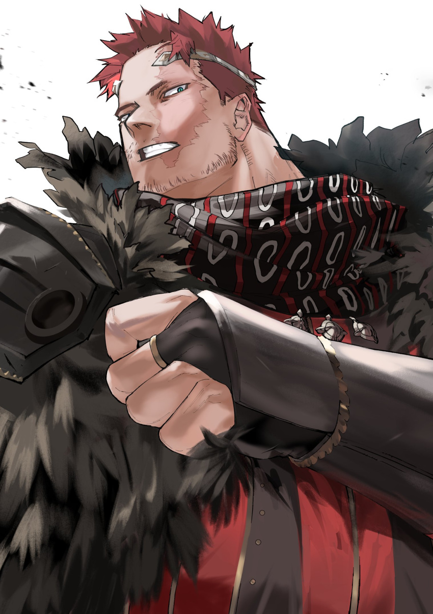 1boy, black_cape, black_scarf, blue_eyes, boku_no_hero_academia, cape, crown, endeavor_(boku_no_hero_academia)