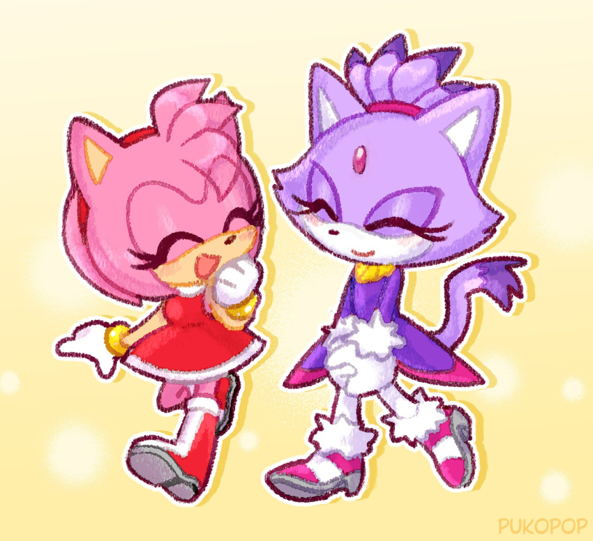 2girls, amy_rose, animal_ears, blaze_the_cat, cat_ears, cat_girl, cat_tail, closed_eyes, dress, eyelashes, forehead_jewel, gloves, gold_necklace, hairband, highres, jacket, jewelry, multiple_girls, necklace, pants, pink_footwear, pink_fur, ponytail, pukopop, purple_fur, purple_jacket, red_dress, red_footwear, red_hairband, smile, sonic_(series), tail, white_gloves, white_pants