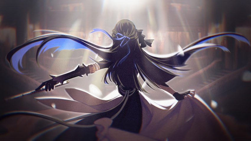 1girl, anz1105, back, black_dress, black_gloves, black_hair, blue_hair, clothes_lift