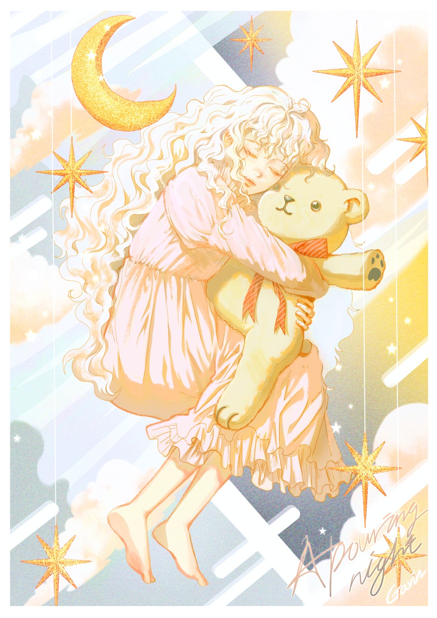 1girl, artist_name, barefoot, border, child, closed_eyes, crescent, curly_hair