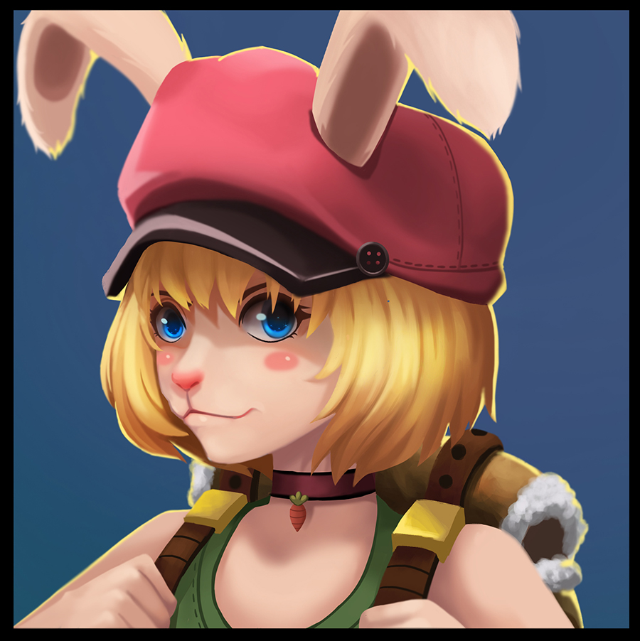 1girl, animal_ears, ari_rayoko, backpack, bag, bare_shoulders, blonde_hair, blue_background, blue_eyes, carrot_(one_piece), choker, closed_mouth, commentary, ears_through_headwear, hat, looking_at_viewer, one_piece, pink_headwear, rabbit_ears, rabbit_girl, short_hair, simple_background, smile, solo