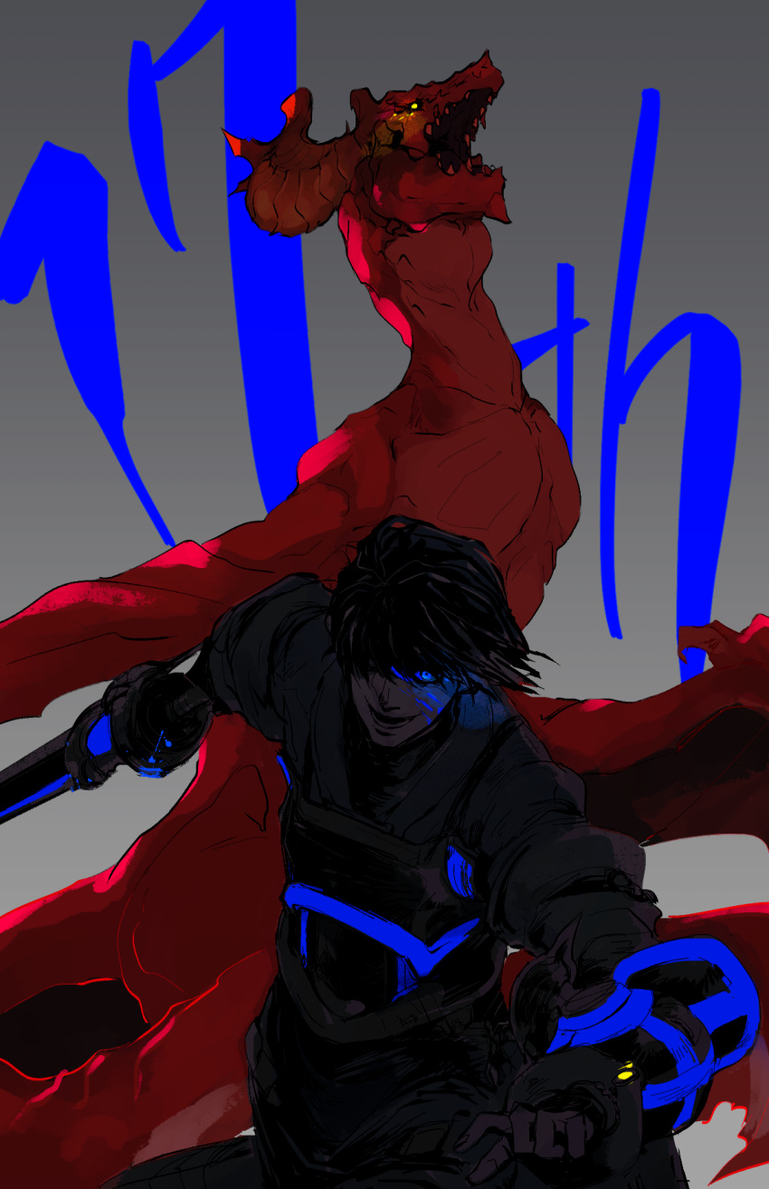 1boy, angel_(drag-on_dragoon), anniversary, armor, black_hair, blue_eyes, caim_(drag-on_dragoon), drag-on_dragoon