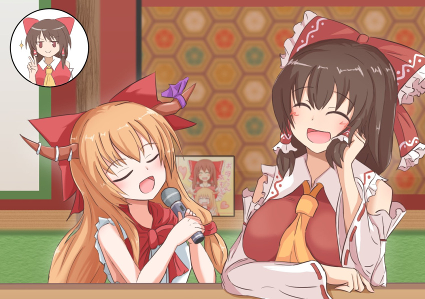 3girls, :d, ascot, blush, bow, bowtie, breasts, brown_hair, brown_horns, ccc_star5, closed_eyes, closed_mouth, collared_shirt, commentary_request, cookie_(touhou), detached_sleeves, frilled_bow, frilled_hair_tubes, frilled_shirt_collar, frills, hair_between_eyes, hair_bow, hair_tubes, hakurei_reimu, hand_on_own_cheek, hand_on_own_face, head_rest, holding, holding_microphone, horn_bow, horn_ornament, horns, ibuki_suika, kanna_(cookie), large_breasts, long_hair, medium_bangs, microphone, multiple_girls, not_present, open_mouth, orange_hair, purple_bow, red_bow, red_bowtie, red_eyes, red_shirt, reu_(cookie), ribbon-trimmed_sleeves, ribbon_trim, shirt, sidelocks, sleeveless, sleeveless_shirt, small_breasts, smile, touhou, upper_body, white_shirt, white_sleeves, wide_sleeves, yamin_(cookie), yellow_ascot