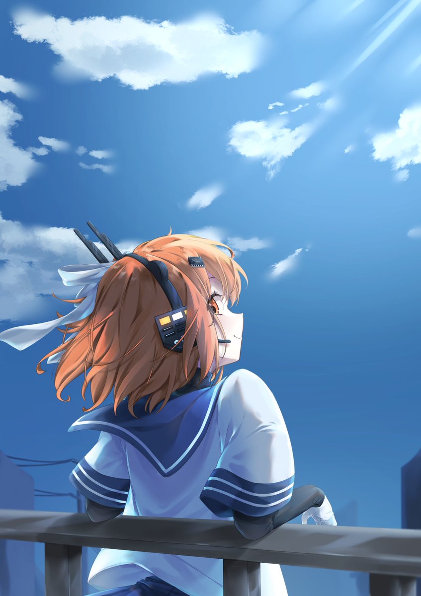 1girl, a.i._voice, adachi_rei, against_railing, alternate_costume, black_undershirt, blue_sailor_collar, blue_sky, closed_mouth, clouds, commentary_request, day, floating_hair, from_behind, gloves, hair_ornament, hair_ribbon, hairclip, hamano_yui, headset, highres, layered_sleeves, leaning_back, light_rays, long_sleeves, looking_at_viewer, looking_back, medium_hair, orange_eyes, orange_hair, outdoors, profile, radio_antenna, railing, ribbon, sailor_collar, school_uniform, serafuku, shirt, short_over_long_sleeves, short_sleeves, sky, smile, solo, sunbeam, sunlight, turtleneck, upper_body, utau, white_gloves, white_ribbon, white_shirt