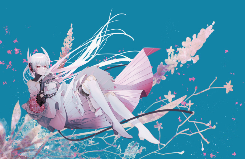 1girl, abstract_background, absurdres, alternate_costume, bare_shoulders, black_gloves, blue_background, boots