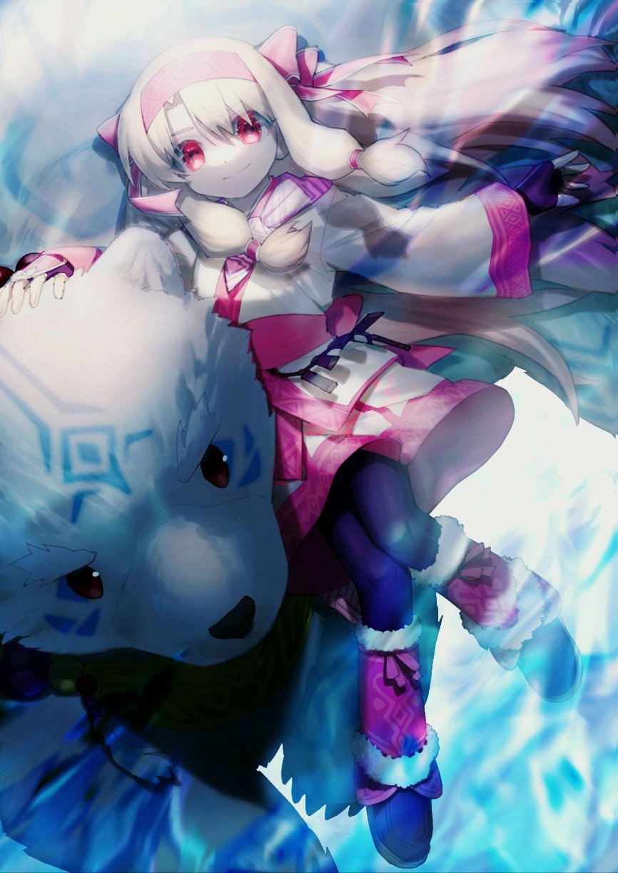 1girl, ainu_clothes, amemasu79, bear, commentary_request, fate/grand_order, fate_(series), fingerless_gloves