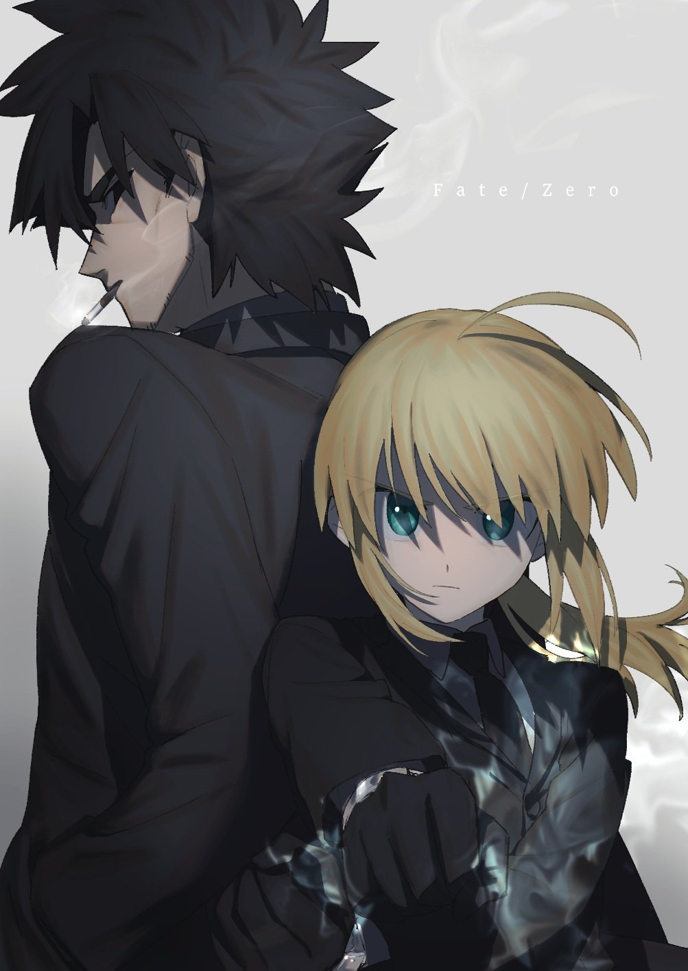 1boy, 1girl, ahoge, amemasu79, artoria_pendragon_(fate), back-to-back, black_eyes, black_gloves, black_hair, black_jacket, black_necktie, blonde_hair, cigarette, collared_shirt, copyright_name, emiya_kiritsugu, expressionless, fate/zero, fate_(series), formal, gloves, green_eyes, grey_background, grey_shirt, hands_in_pockets, highres, holding, holding_sword, holding_weapon, invisible_air_(fate), jacket, long_hair, looking_at_viewer, necktie, ponytail, saber, shirt, smoke, smoking, suit, sword, weapon