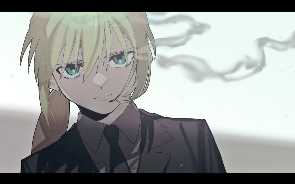 1girl, amemasu79, artoria_pendragon_(fate), black_jacket, black_necktie, blonde_hair, blue_eyes, close-up