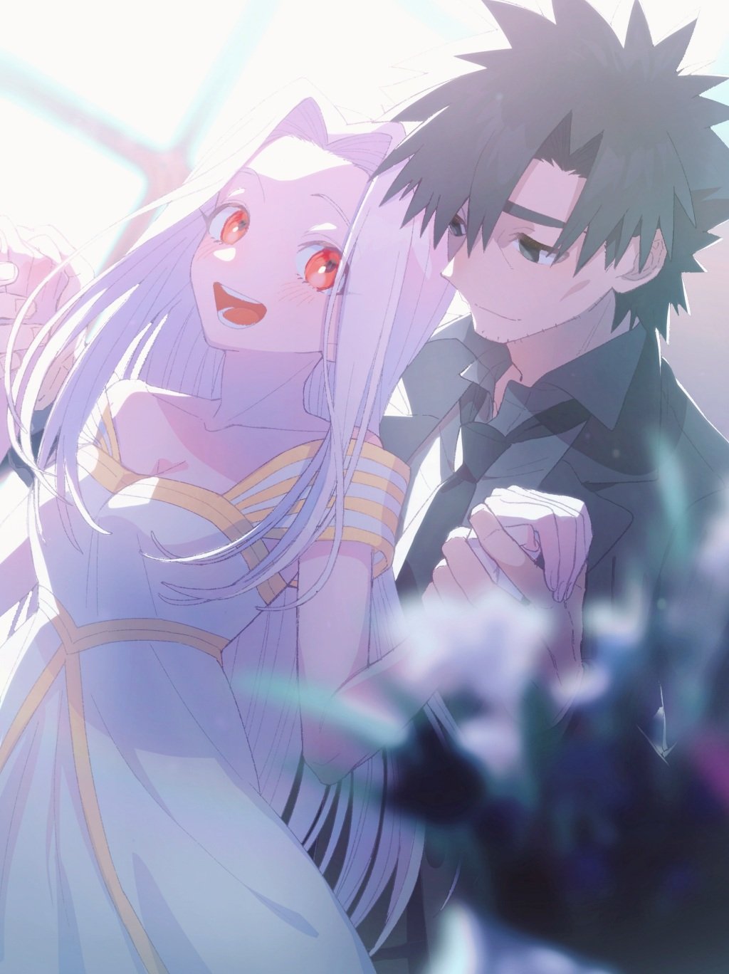 1boy, 1girl, amemasu79, black_coat, black_eyes, black_hair, blurry, blush
