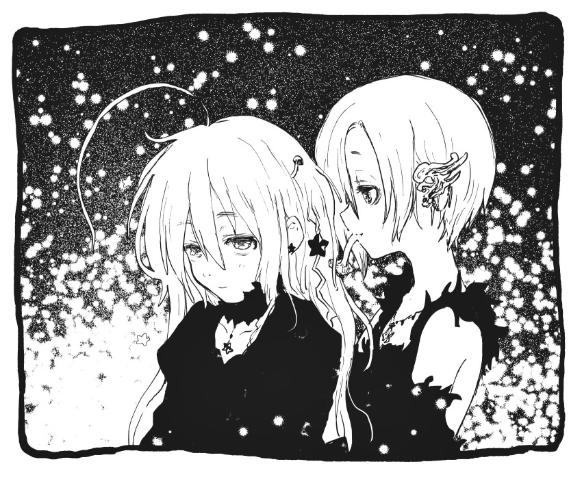 2girls, abstract_background, ahoge, alternate_costume, border, closed_mouth, collarbone, commentary_request