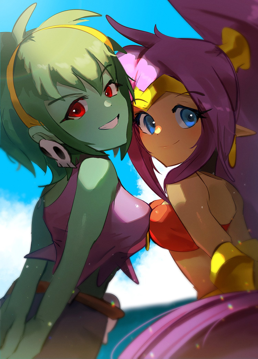 2girls, armlet, arms_behind_back, blue_eyes, breast_press, breasts, breasts_squeezed_together, closed_mouth