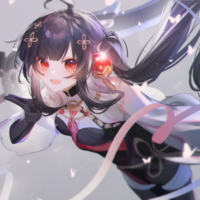 1girl, ahoge, black_footwear, black_gloves, black_hair, black_shirt, blunt_bangs, boots