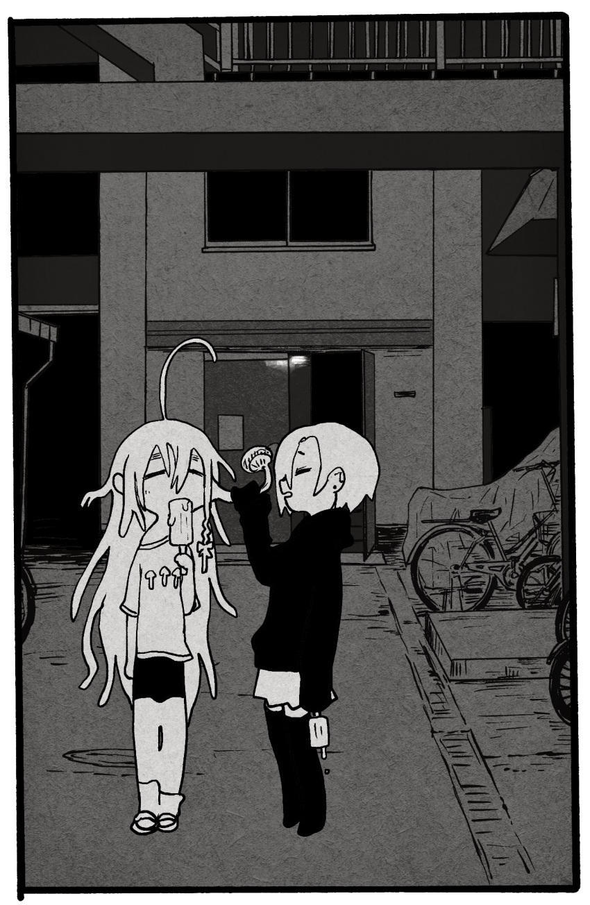 2girls, ahoge, bicycle, border, bridge, building, closed_eyes, commentary_request