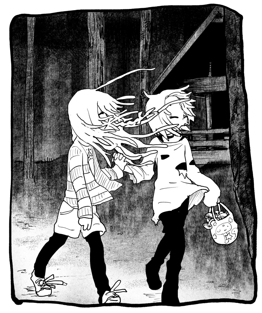 2girls, basket, border, cabin, choker, commentary_request, ear_piercing, facing_another