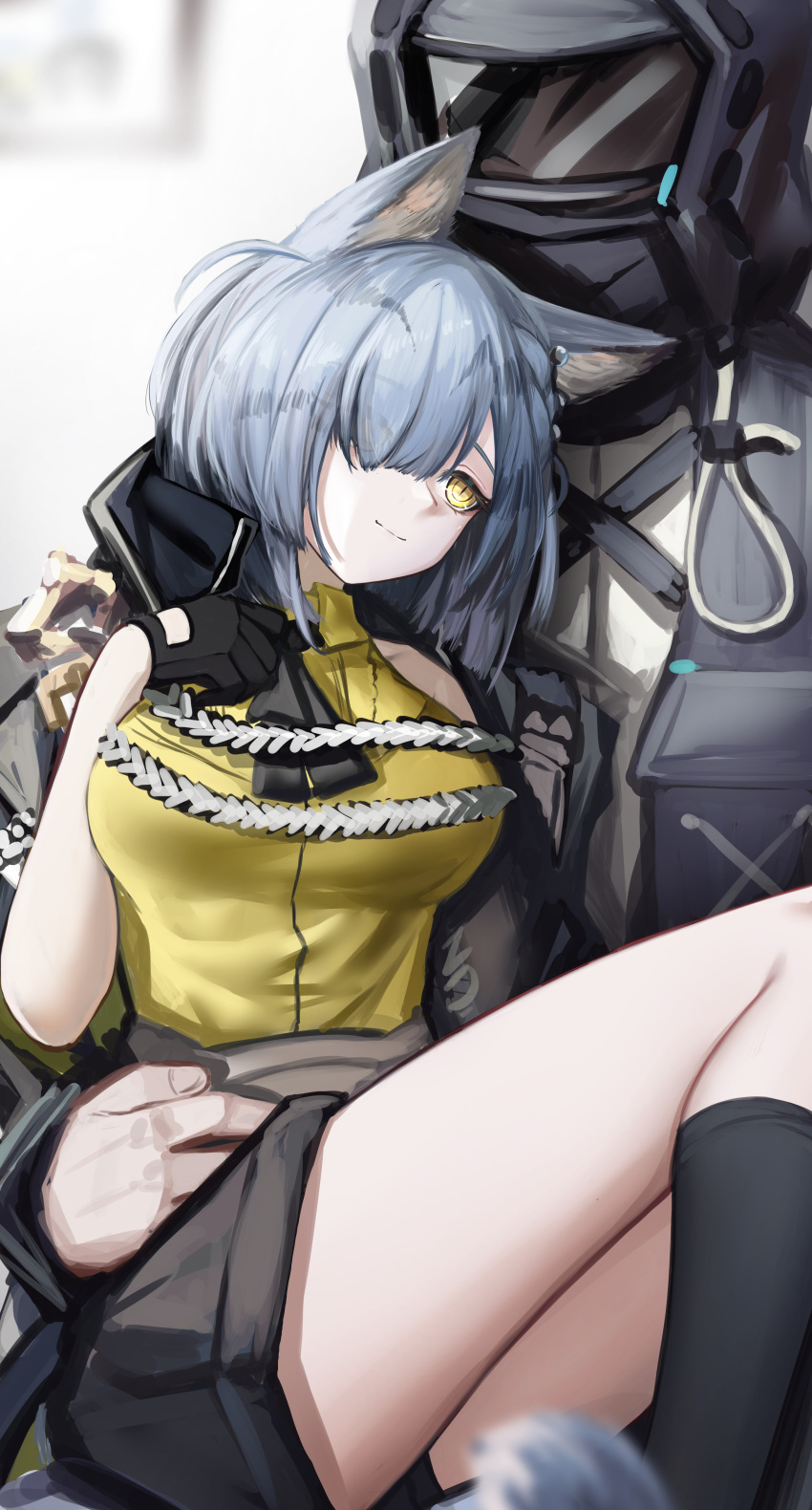 1girl, 1other, absurdres, animal_ear_fluff, animal_ears, arknights, bare_shoulders, black_gloves