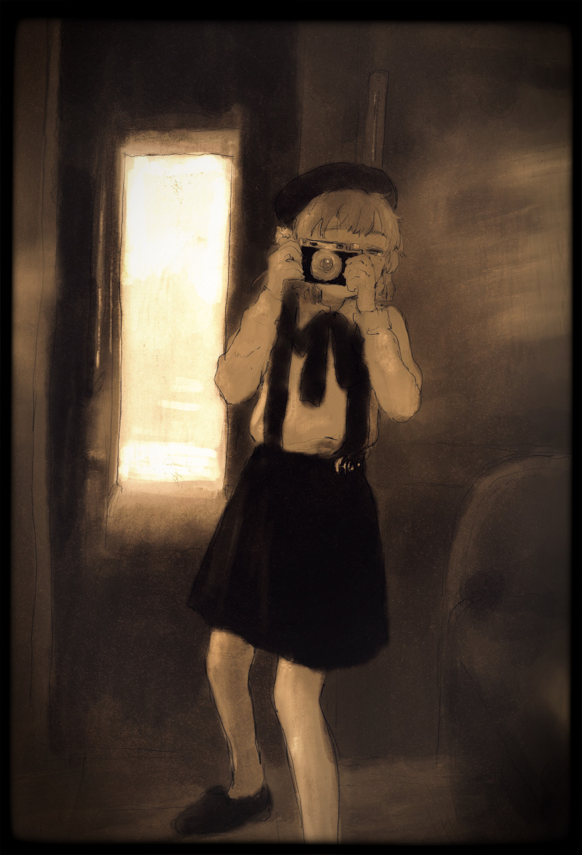 1girl, absurdres, beret, border, camera, covered_mouth, flower, foot_out_of_frame