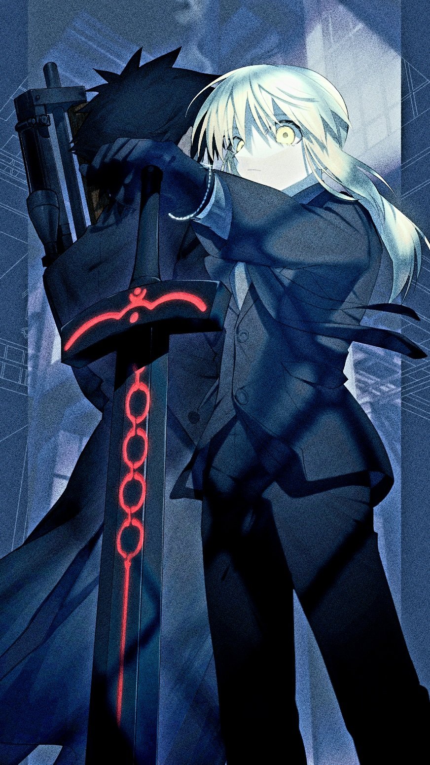 1boy, 1girl, amemasu79, artoria_pendragon_(fate), black_coat, black_gloves, black_hair, black_jacket, black_necktie, black_pants, bracelet, bullpup, coat, commentary_request, emiya_kiritsugu, excalibur_morgan_(fate), expressionless, fate/zero, fate_(series), formal, gloves, gun, hand_on_hilt, highres, jacket, jewelry, long_hair, looking_at_viewer, necktie, pants, ponytail, rifle, saber, saber_alter, sniper_rifle, sword, walther, walther_wa_2000, weapon, white_hair, yellow_eyes
