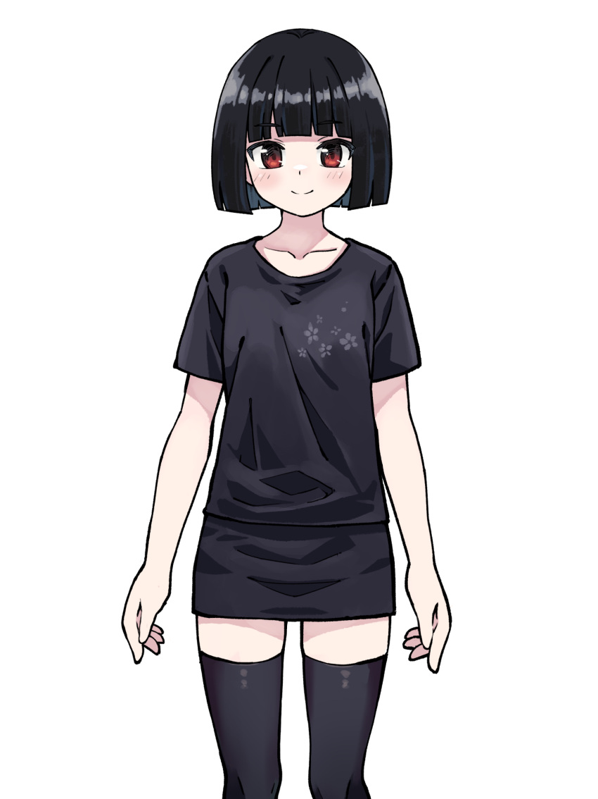 1girl, akemiho_tabi_nikki, black_hair, black_shirt, black_skirt, black_thighhighs, blush, bob_cut, closed_mouth, collarbone, feet_out_of_frame, fukube_tamaki, gendai_ninjakko_zukan, highres, kouno_hikaru, looking_at_viewer, red_eyes, shirt, short_hair, short_sleeves, simple_background, skirt, smile, solo, standing, thigh-highs, white_background