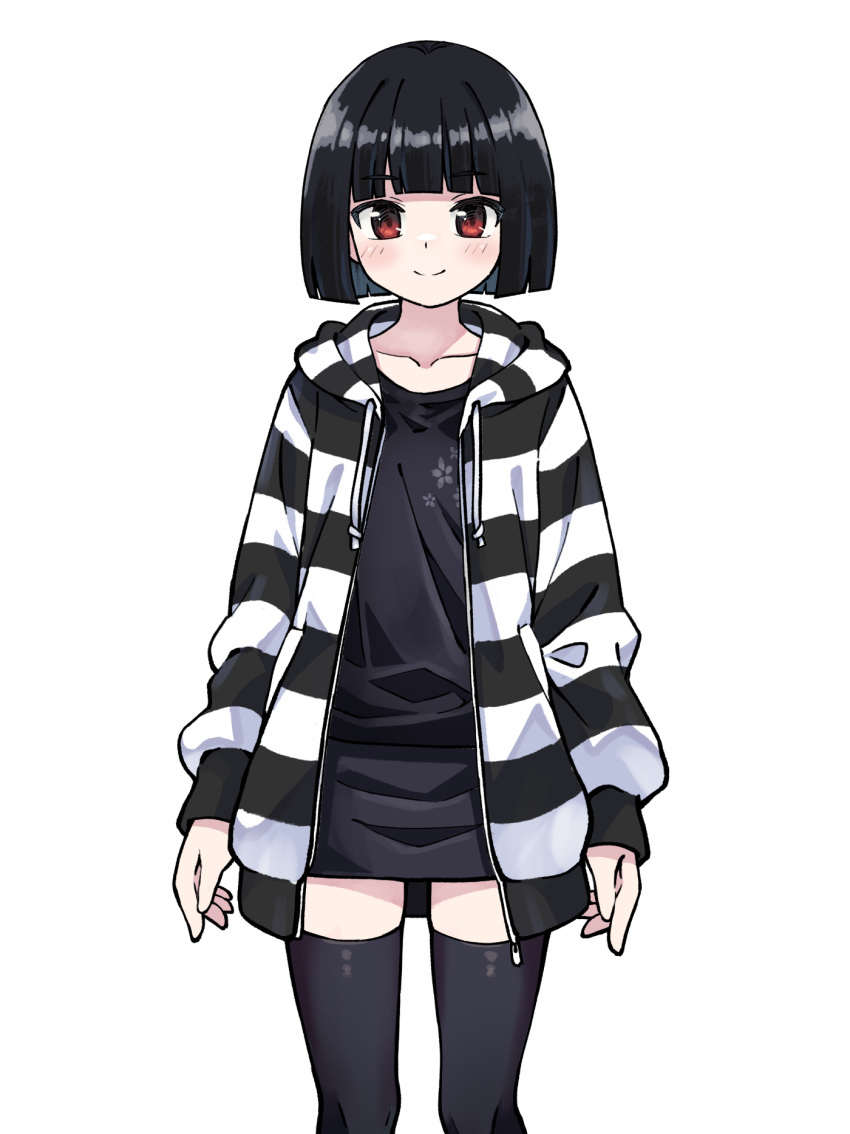 1girl, akemiho_tabi_nikki, black_hair, black_shirt, black_skirt, black_thighhighs, blush, bob_cut