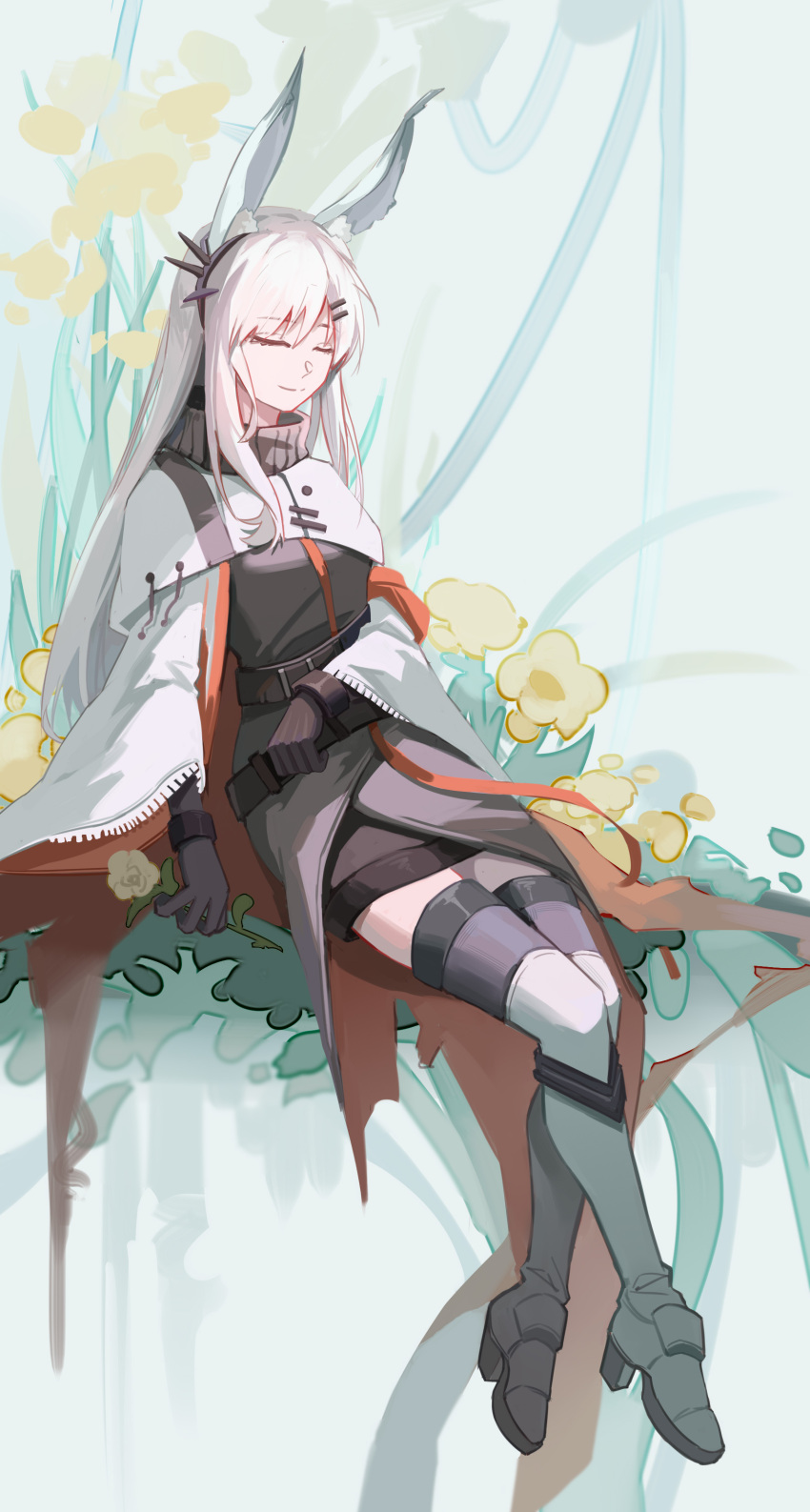 1girl, absurdres, animal_ear_fluff, animal_ears, arknights, black_gloves, black_skirt, black_thighhighs