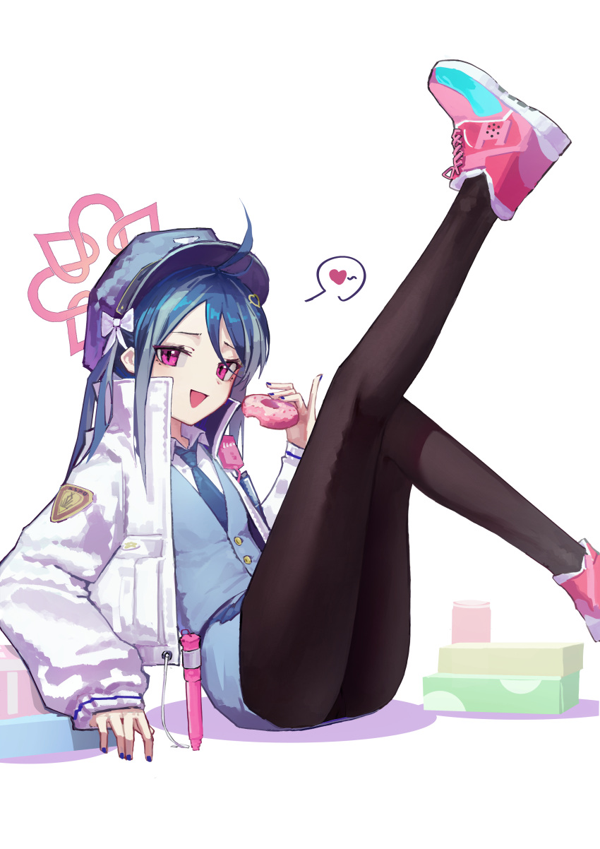 1girl, absurdres, antenna_hair, black_pantyhose, blue_archive, blue_hair, blue_headwear, blue_necktie