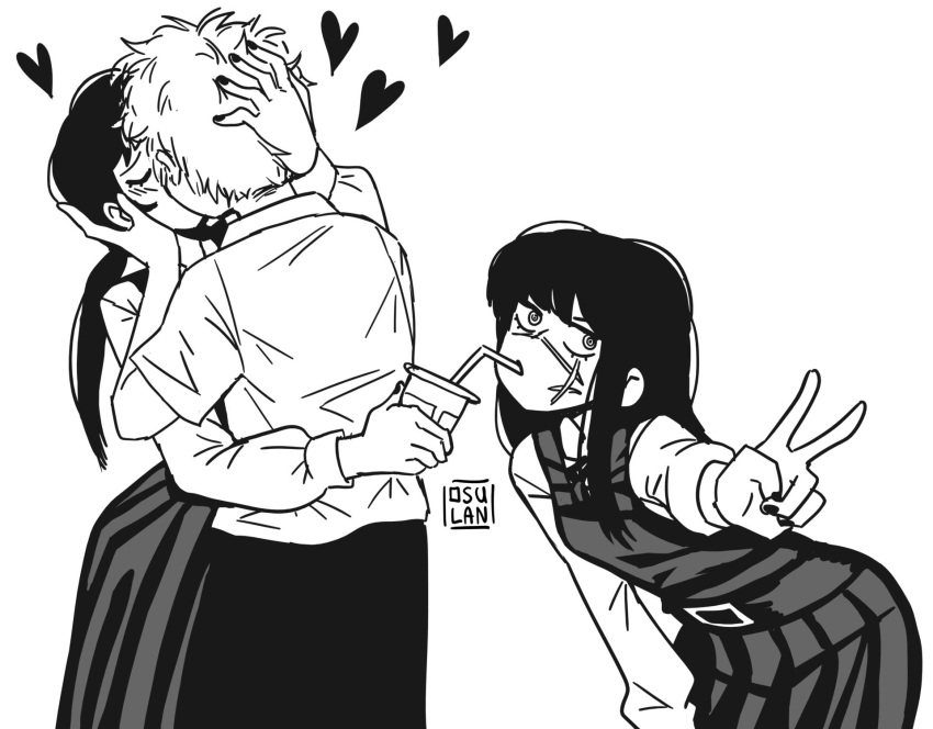 1boy, 2girls, artist_name, chainsaw_man, comedy, commentary, cross_scar, cup