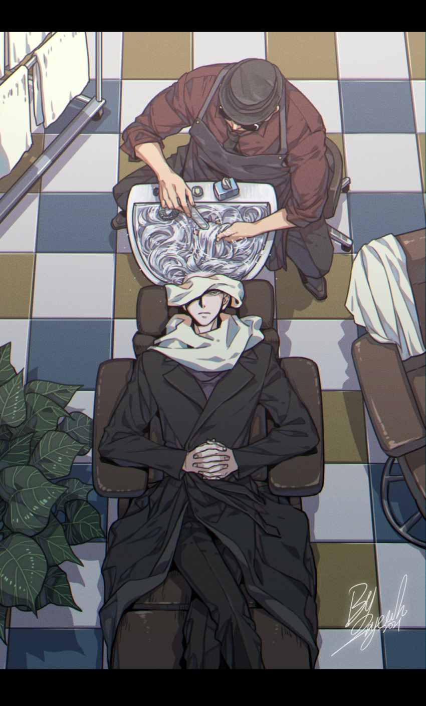 2boys, apron, armchair, black_apron, black_coat, black_headwear, black_necktie, black_pants